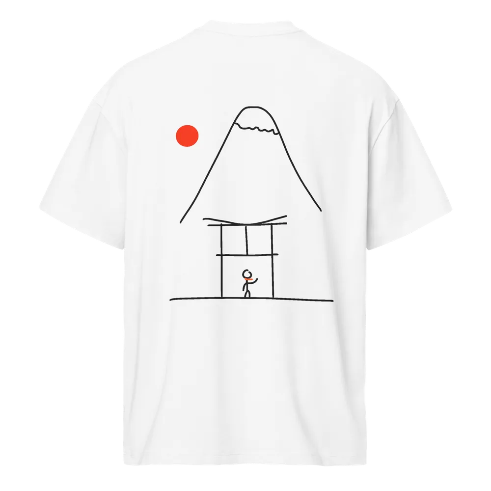 Stop 03 Japan tee in white, back: hand-drawn Mt Fuji and a torii gate under a red sun, stickman waving