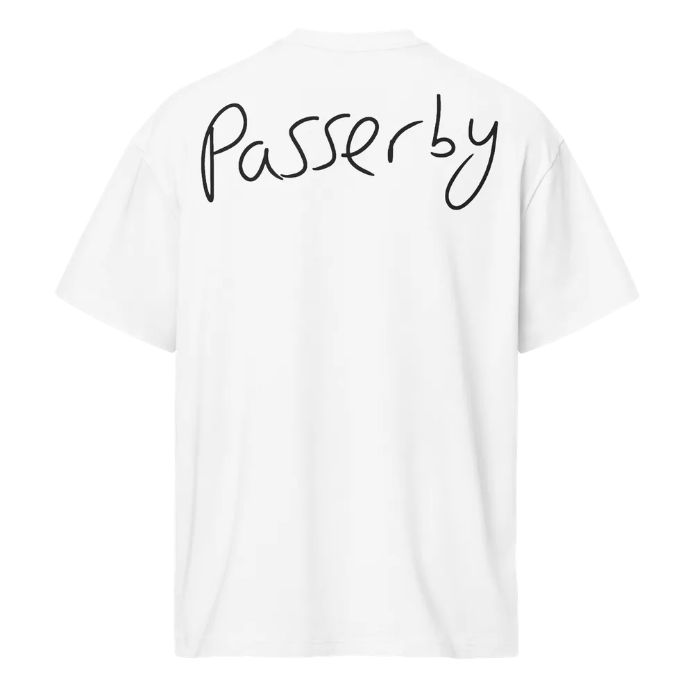 Locals tee in white, back: handwritten passerby across the shoulders